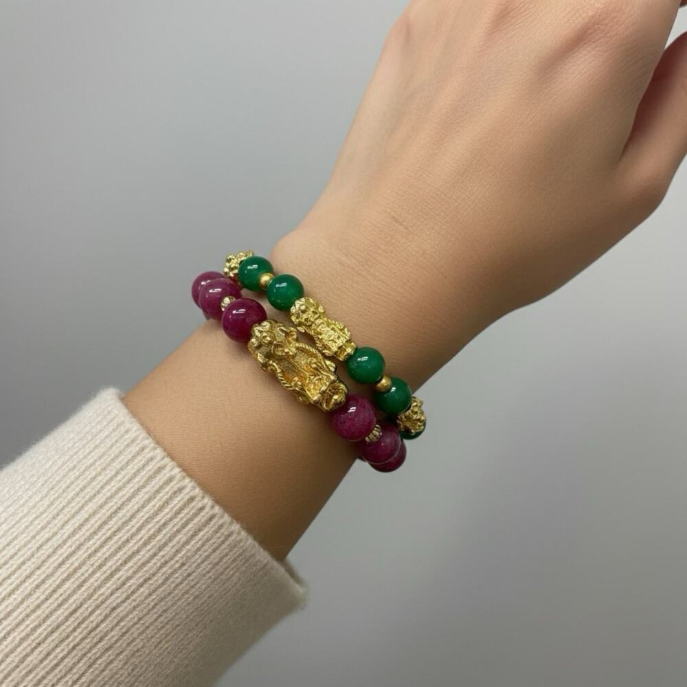 Green Purple Beaded Pixiu Bracelet Unisex Wealth Lucky Charm Gift Gold Plated